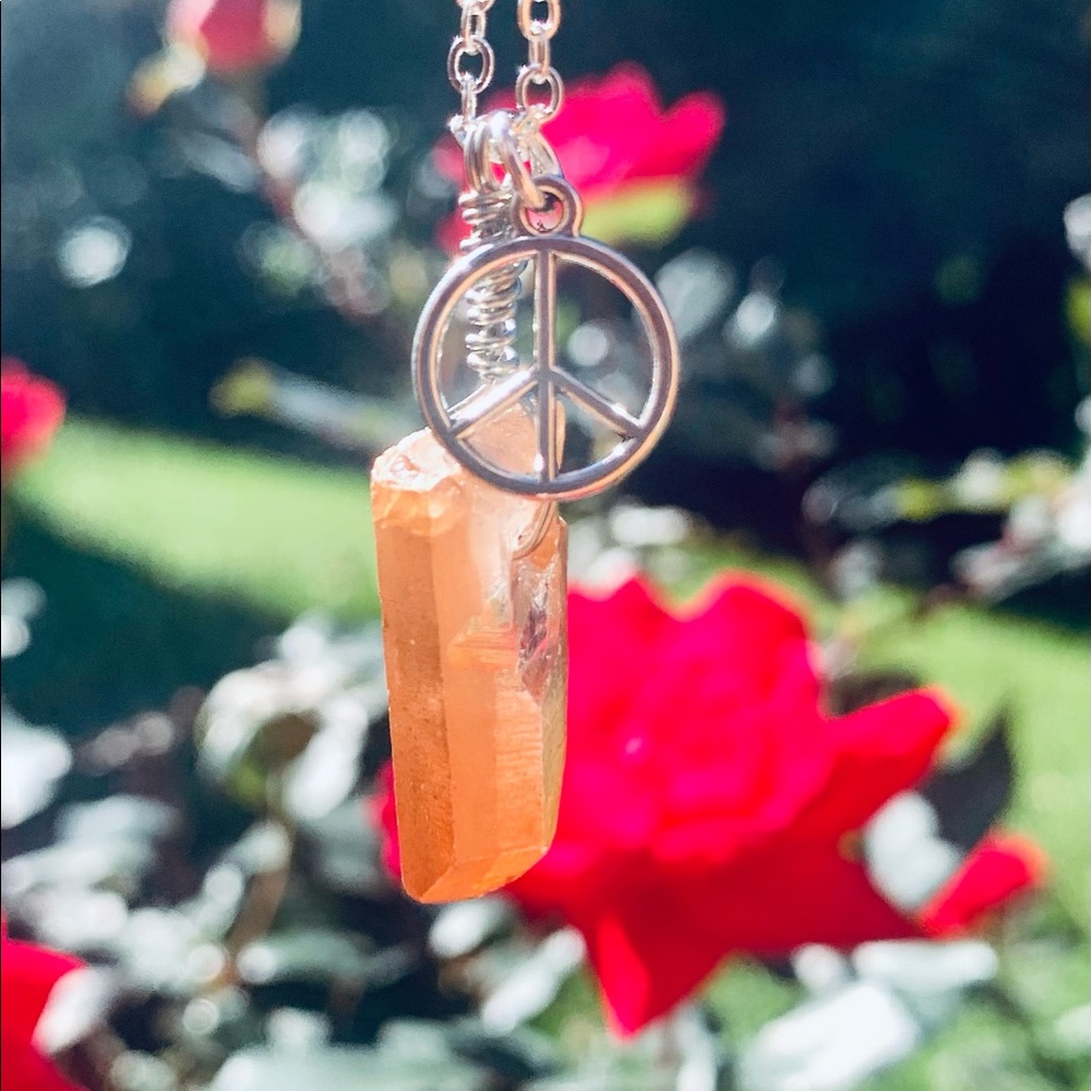 Peace Sign Aura Quartz Necklace